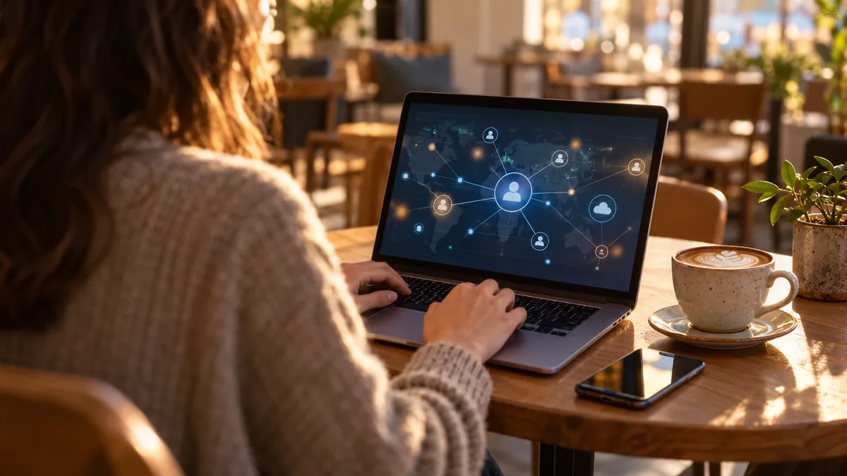 Osoba pracuje na laptopie w kawiarni, korzystając z publicznej sieci Wi-Fi